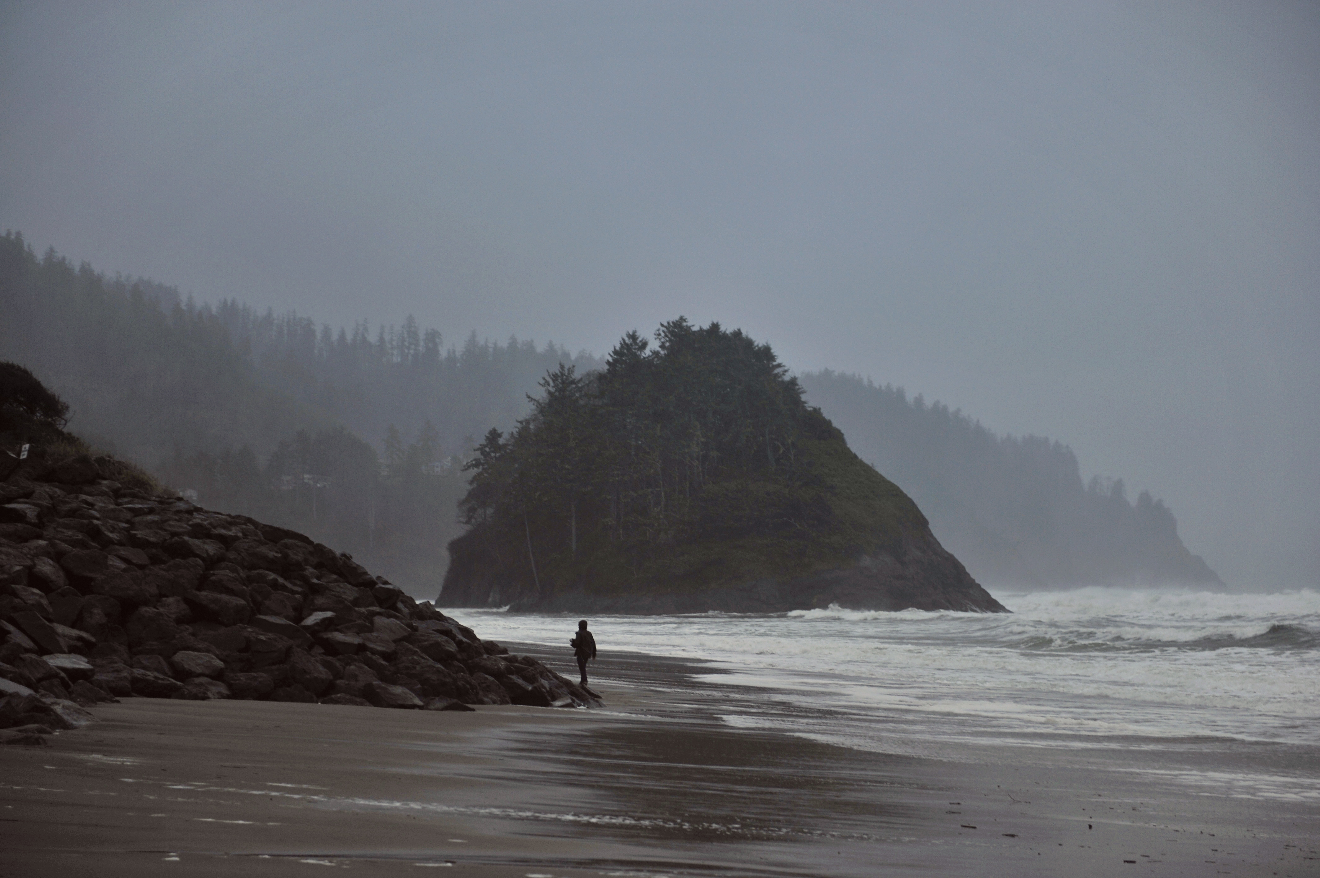 One person as a figure walking along a dark beach with trees and mountains in the background.