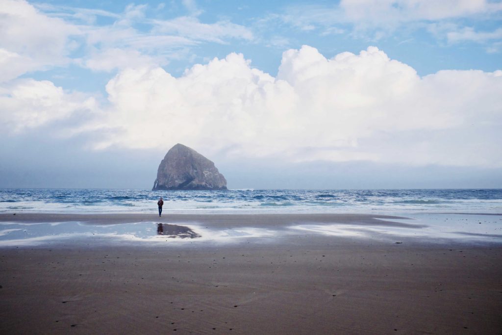 Figure standing in front of the coastline of Oregon.