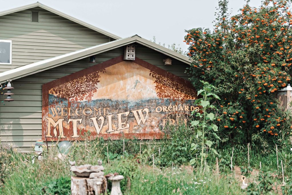 A landscape shot of a welcome sign to the Mountain View orchard.