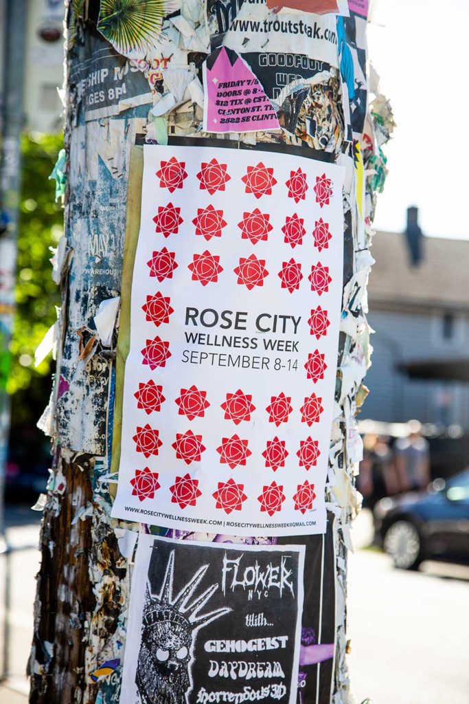 A Rose City flyer on a lamp post